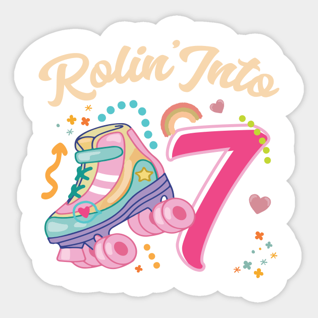 Roller Skate Groovy 7th Birthday Girls B-day Gift For Kids Girls toddlers Sticker by FortuneFrenzy